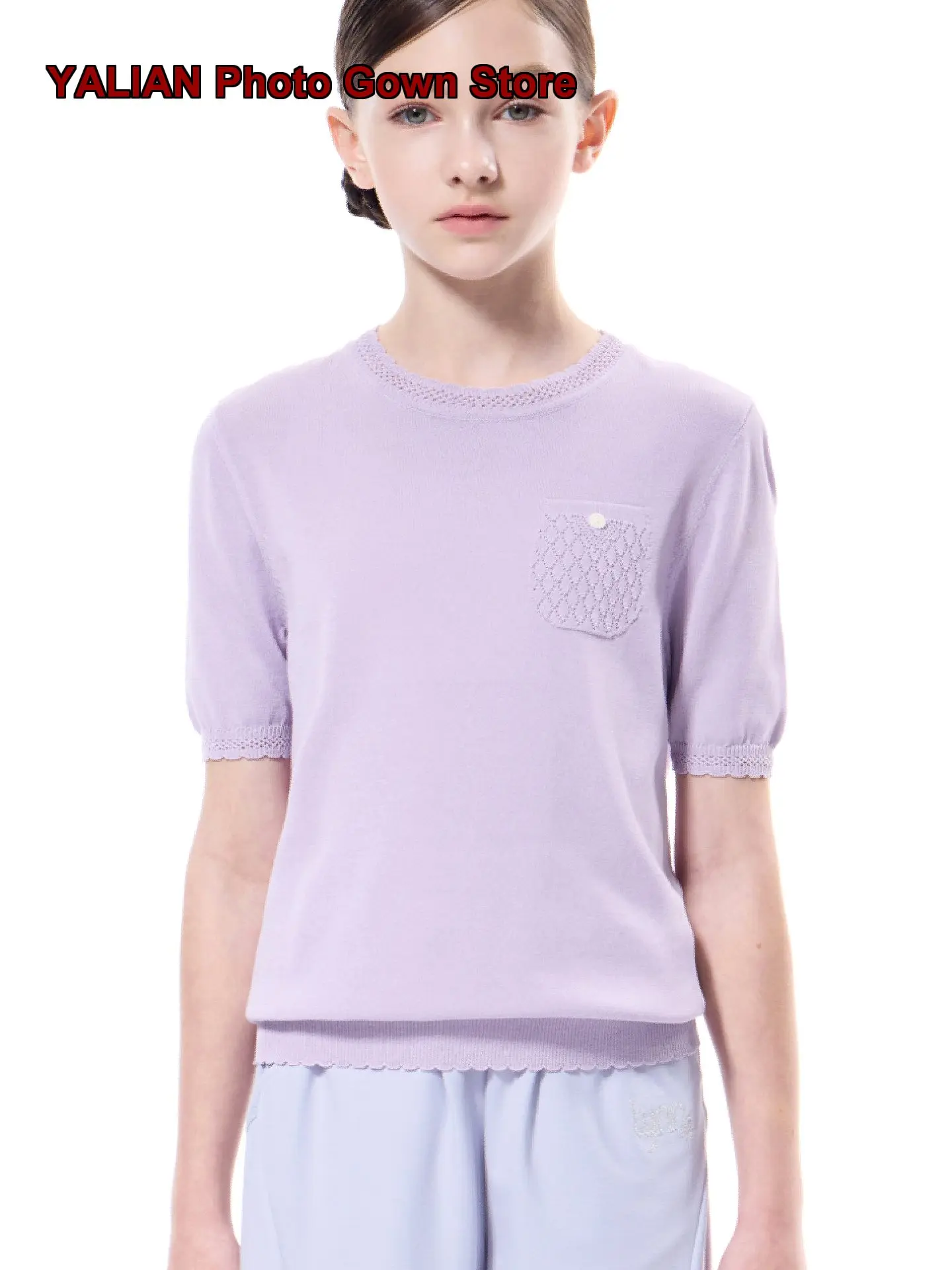 Camiseta para Niñas, Verano, Tejida, Cuello Redondo, Color Sólido, Top a Juego para Padres e Hijos
