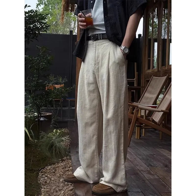 Old Money Style High-End Linen Casual Trousers For Men, Summer American-Style Relaxed Loose Wide-Leg Pants With Draped Effect