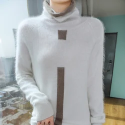 Autumn And Winter New Mink Sweater Women's Pile Collar Color Matching Pullover Joker Slim Knit Bottoming Shirt