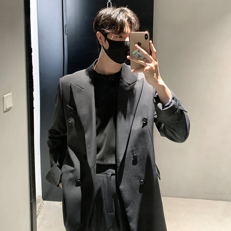 

Повседневный корейский мужской костюм с подплечниками, двойной рядом пуговиц, свободный крой, комбинированный, для бизнеса и повседневной носки