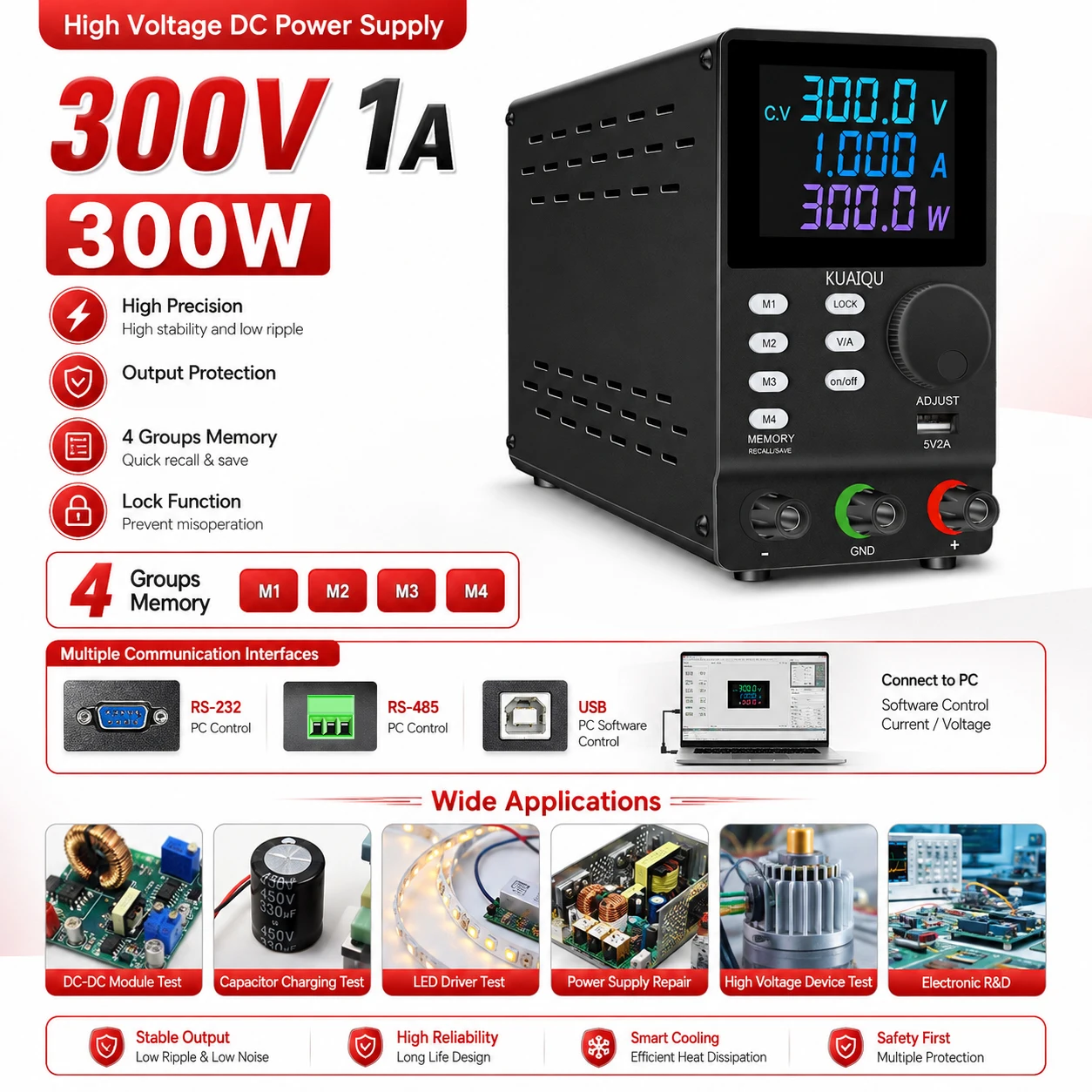 KUAIQU 300V 1A 300W Adjustable DC Power Supply 4 Set Memory High Voltage 200V/120V/60V Regulated RS232/RS485/USB Source Repair