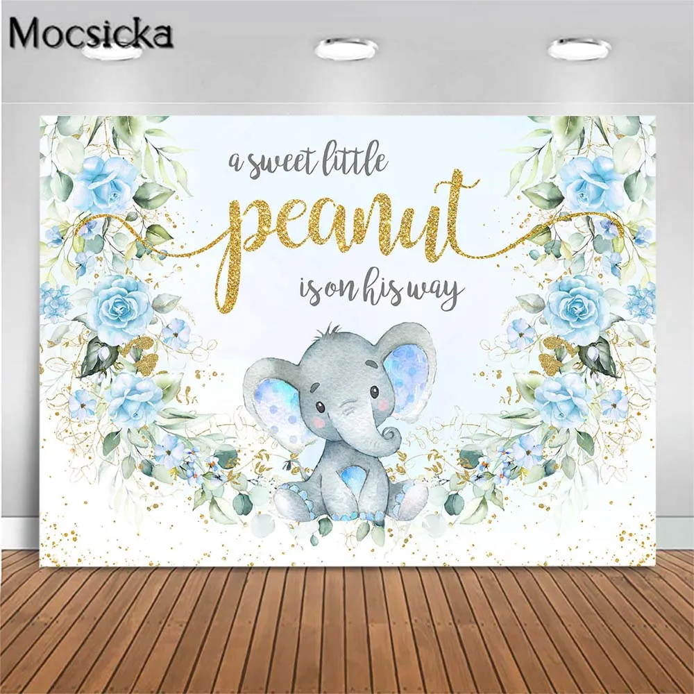 

Mocsicka Newborn Baby Shower Party Backdrop Blue Elephant Sweet Little Peanut Boy Birthday Baptism Photo Background Flower Decor