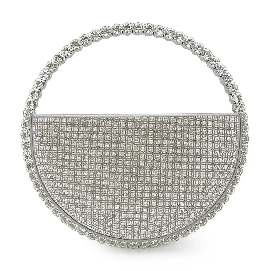 Bolso de mano de lujo con forma redonda y diamantes de imitación para mujer, bolso con diamantes brillantes, bolsos de mano de cristal plateado para fiesta nupcial y noche