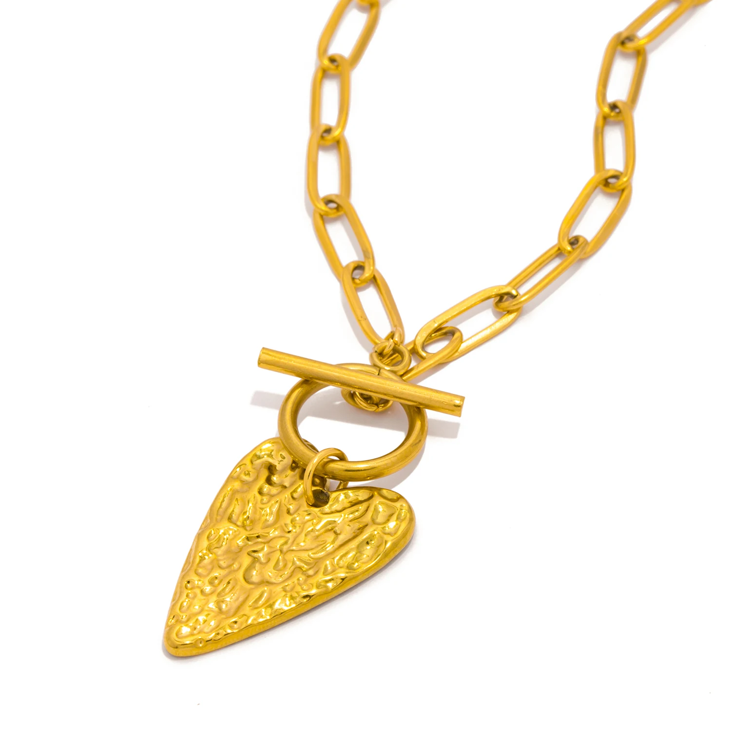 18K Gold Plated Crinkled Heart Pendant Necklace with OT Clasp, Edgy Punk Hip-Hop Style Women Jewelry