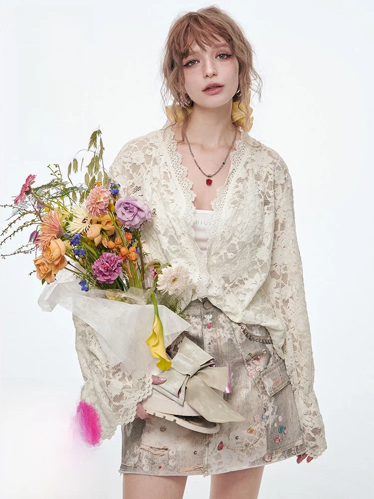 

Ele Romantic White Lace Csole Women's Faion Spring Season Base Layer irt Fairy ket Design Long Sve V-Ne