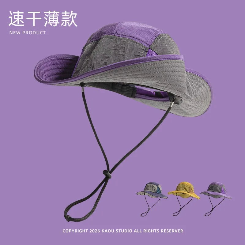 

Japanese Color-blocked Sunshade Camping Hat for Men and Women Outdoor Quick-drying Bucket Hats Lace-up Large Brim Fishing Cap