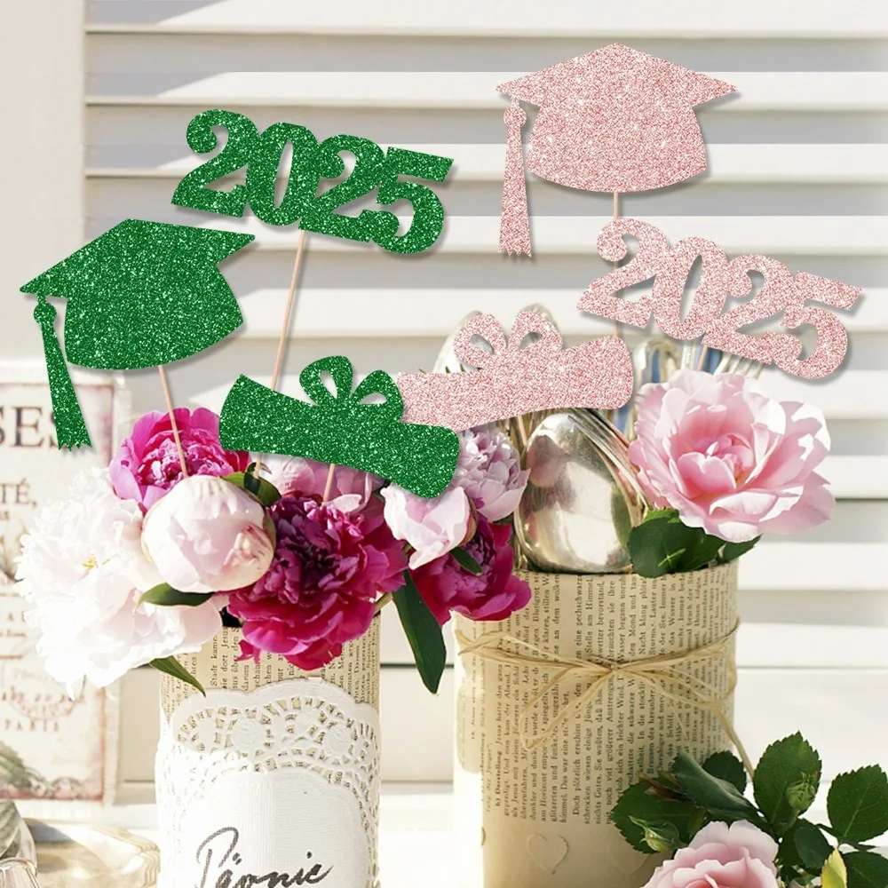 6pcs New Bling Paper Graduation Cake Toppers Doctoral Cap DIY Graduation Centerpiece Sticks Flower Vase Ornament Cake Decor