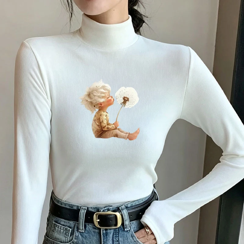2026 New Autumn Winter Thermal Brushed Fleece Long Sleeve Graphic Print T shirt Blouses Female Warm Shirt Women Top