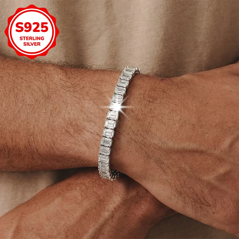 

925 sterling silver inlaid square zircon hip-hop trendy men's bracelet is suitable for fashionable men's gifts