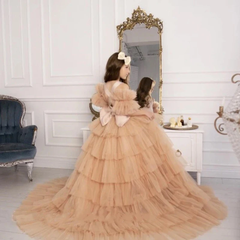 Robe de demoiselle d'honneur champagne pour mariage, nœud en fibre de tulle avec poignées, queue amovible, fête d'anniversaire, boule de première communion, quoi que ce soit