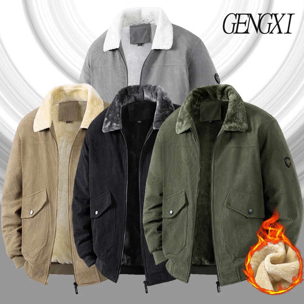 

2025 New Men's Fleece-Lined Thickened Corduroy Jacket Winter Warmth-Retaining Workwear Jacket Lapel Coat Casual Menswear