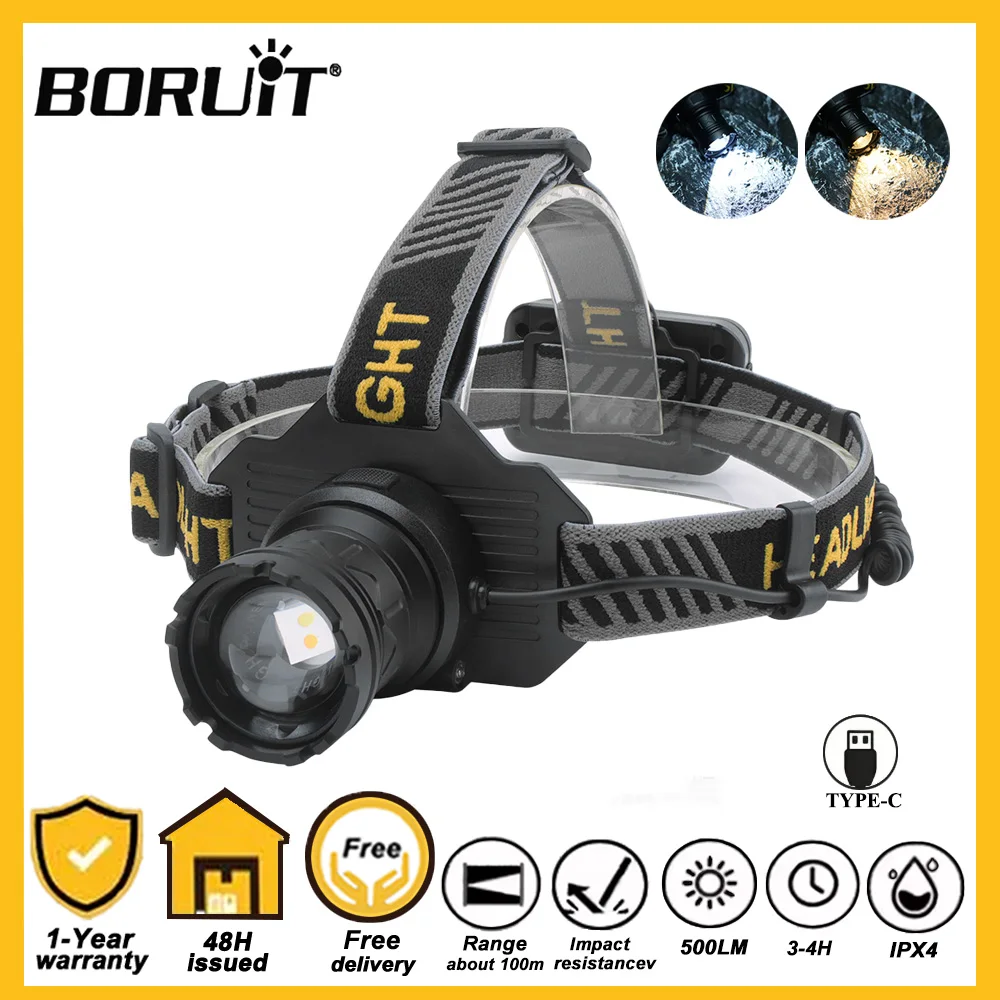 boruit-dual-led-headlamp-motion-sensor-portable-rechargeable-spotlights-zoom-power-bank-headlight-white-yellow-light-for-outdoor