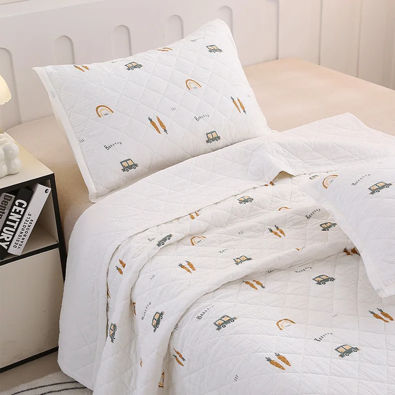 

Cartoon Muslin Cotton Kids Quilt Set 3-Piece - Cute Printed Breathable Bed Cover, Pre-Washed & Quilted Bedding for Boys Girls