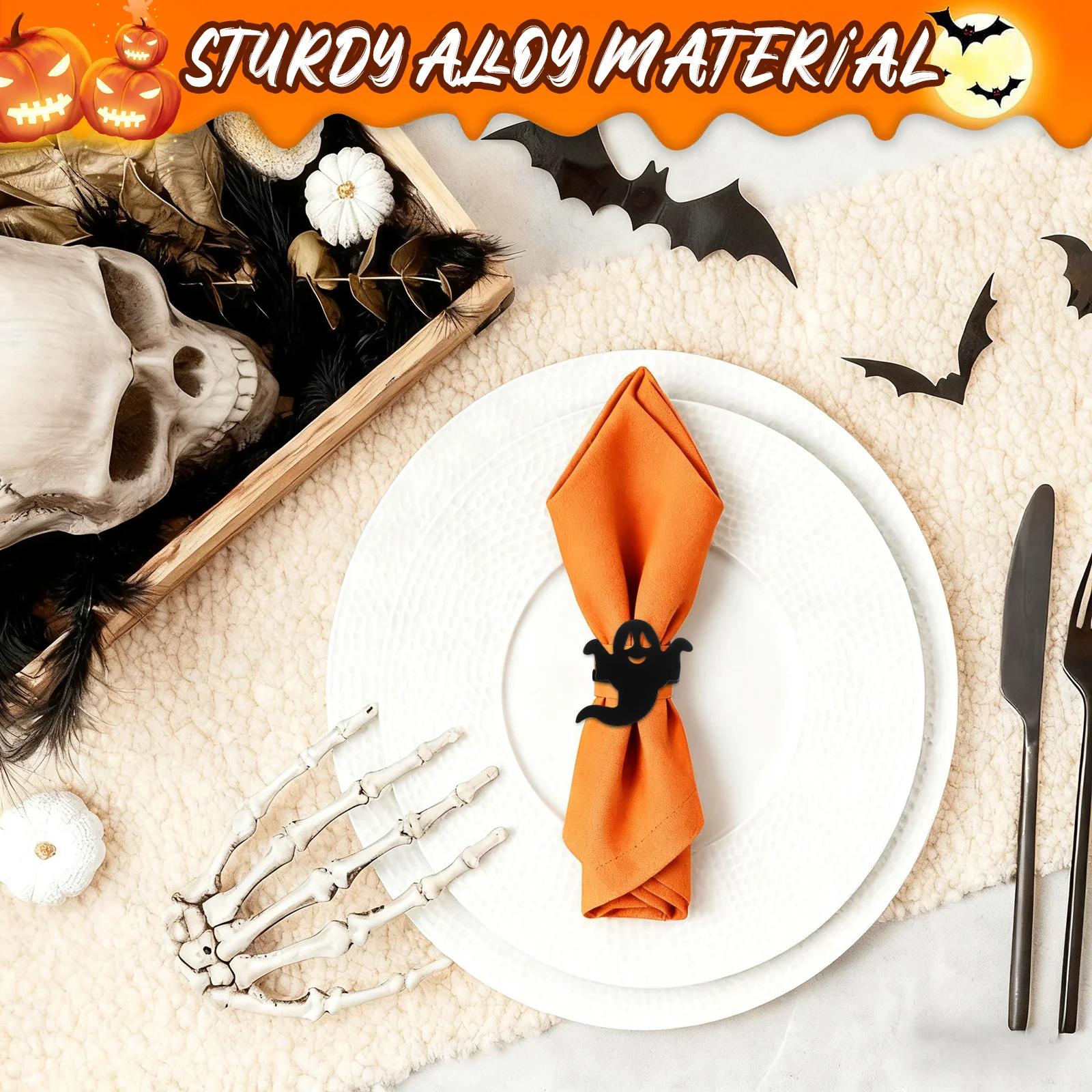 

4pcs Alloy Napkin Rings Ghost Design Halloween Party Table Decor Metal Napkin Circle Holiday Gift Dinner Decoration
