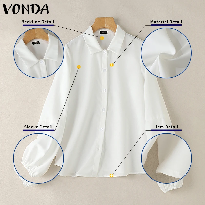 Plus Size 5XL Vonda Vrouwen Elegante Effen Kleur Blouse 2025 Mode Bladerdeeg Lange Mouwen Casual Revers Hals Tops Losse Blusas