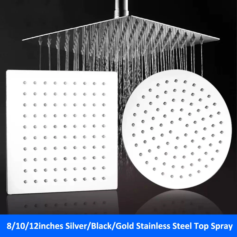 Stainless Steel 8/10/12 Inch Rainfall Shower Head Black Silver Gold Pressurized Ceiling Mounted Bathroom Shower High Pressure