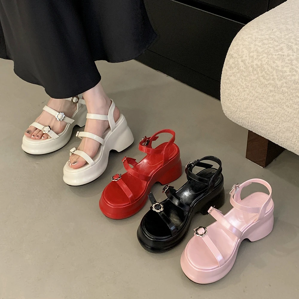

Women Round Open Toe Platform Chunky High Heeled Sandals with Adjustable Ankle Strap Wedge Sandals Thick Soled Comfort Shoes