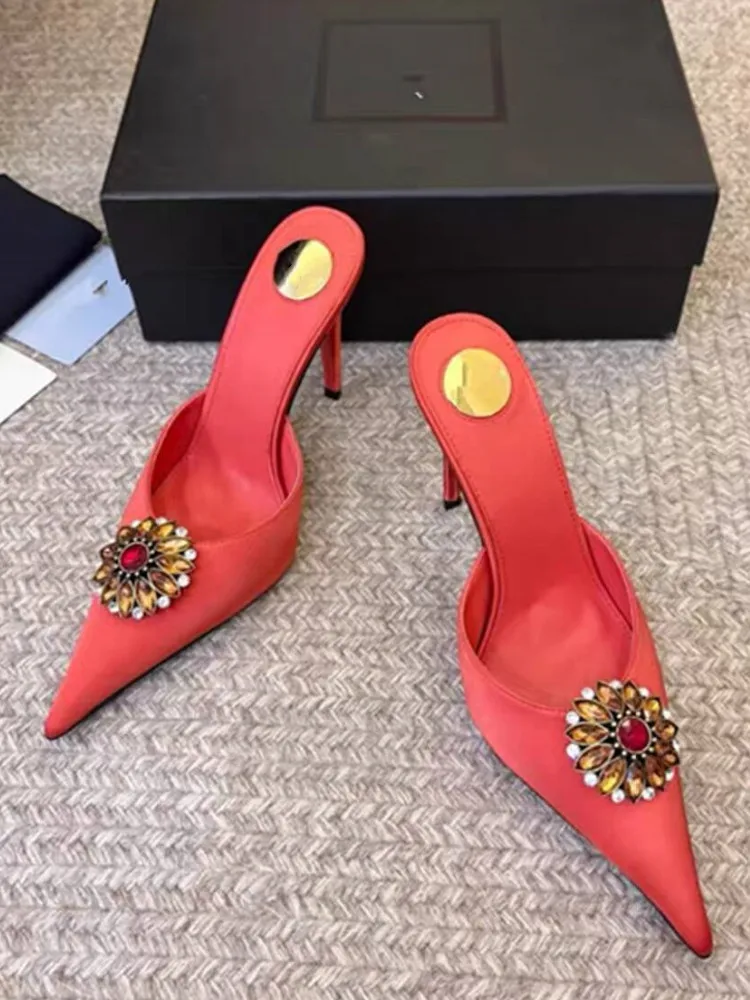 Women's New Satin Pointed Toe Toe Water Diamond High Heels Slippers Party Wedding High Heels Women's Sandals