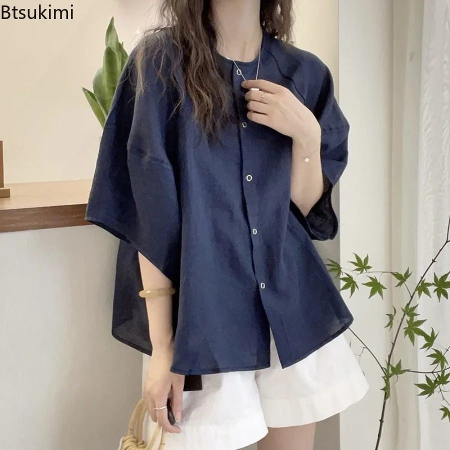 Women Dopamine Shirts Casual Loose Solid Plus Size Tops Holiday Summer Short Sleeve Fashion Blouse Vintage Round Neck Blouse