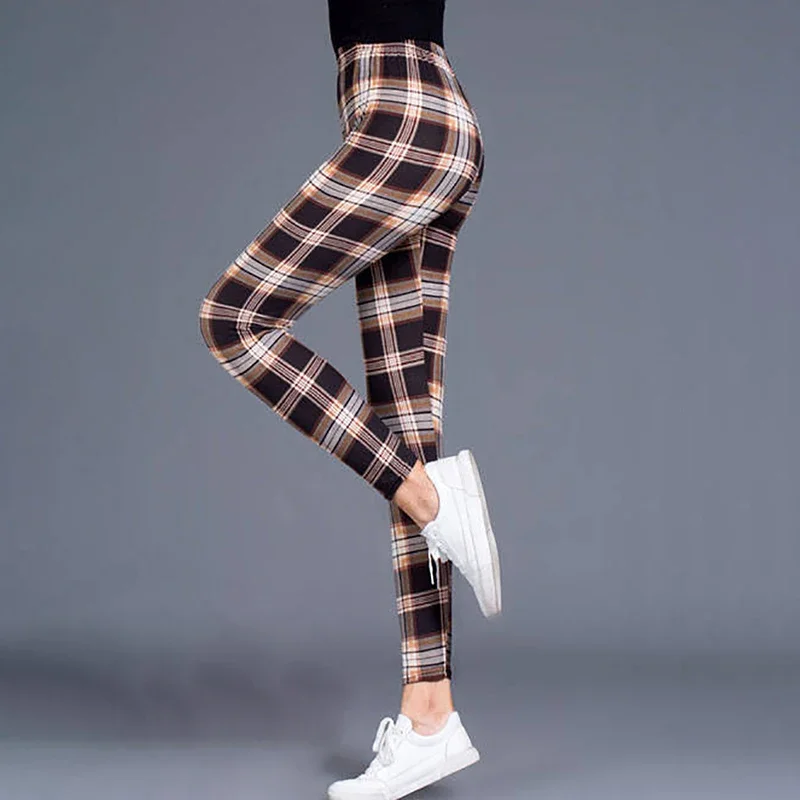 Leggings xadrez de cintura alta feminina, calças esportivas, calças finas, preto, azul, vermelho, marrom, caqui, streetwear casual, Y2K