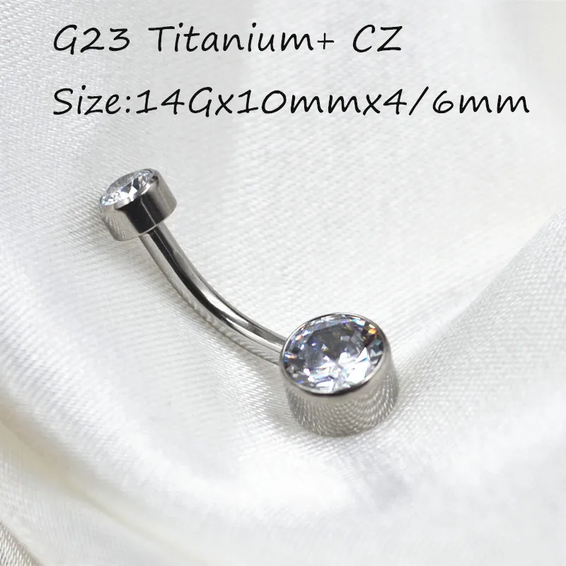 Lot10PCS Body Jewelry-G23 Titanium Round CZ Smart Navel Belly Button Body Piercing 14Gx10x4/6mm Navel Curve Barbells Belly Rings