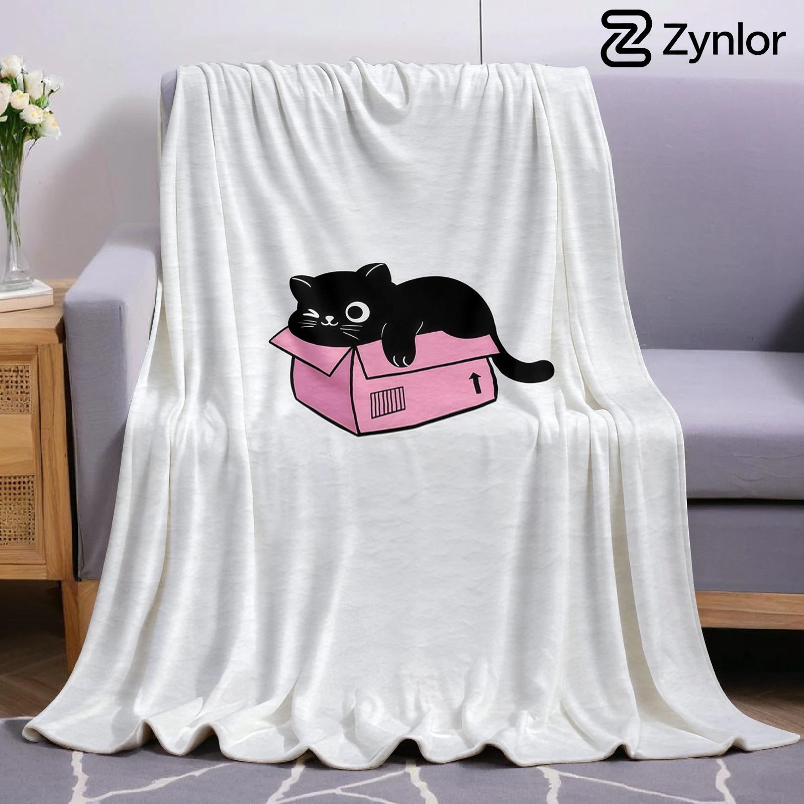 Box Black Cat Cartoon Anime Print Flannel Blanket Soft Warm Throw for Kids Bedroom Sofa Bed Christmas Office Car