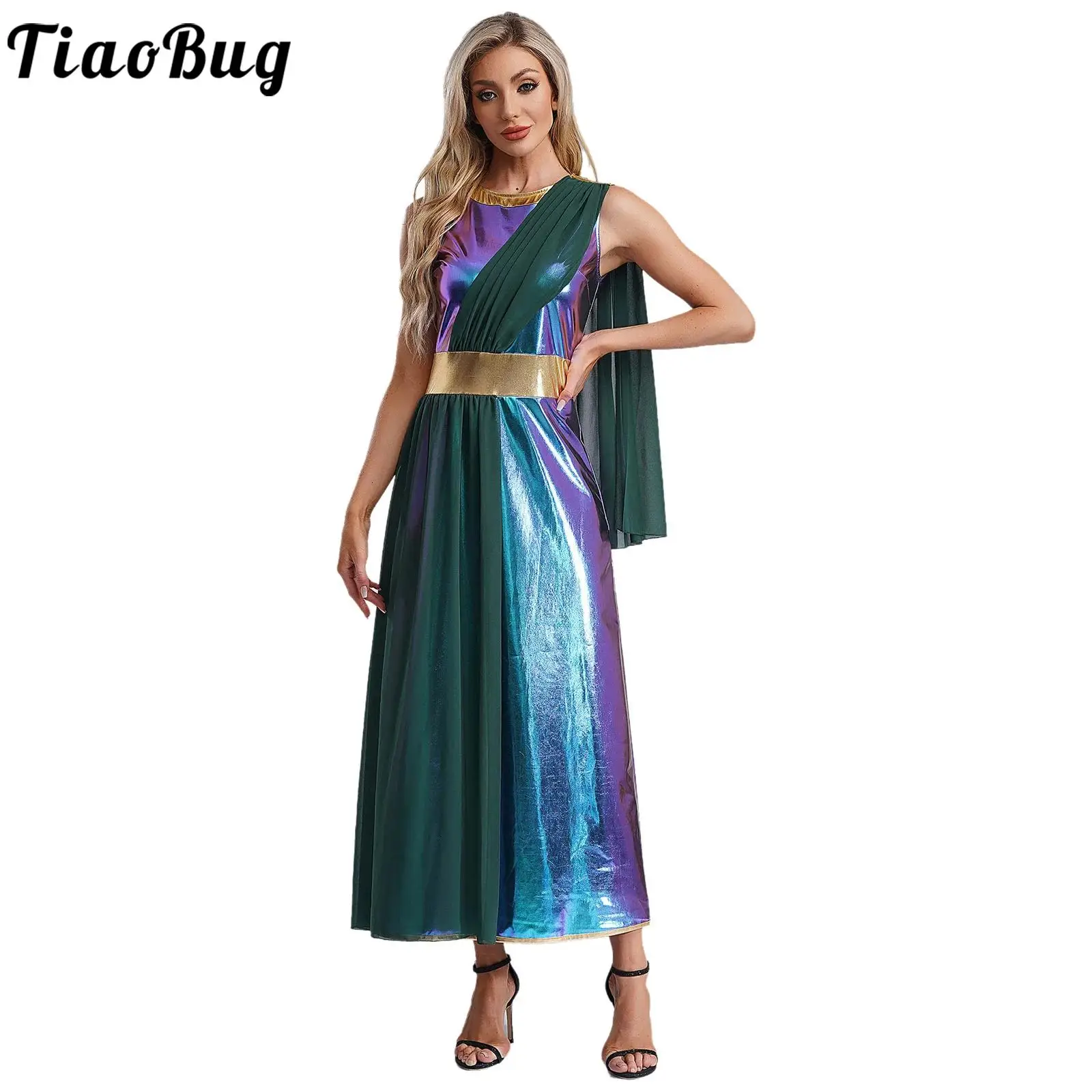 

Women Halloween Ancient Greek Goddesses Costume Praise Liturgical Worship Robe Sleeveless Metallic Patchwork Toga Tunic Dress