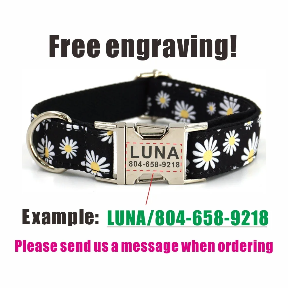 Personalized Pet Collar Custom Puppy Nameplate ID Tag Adjustable Buckle Strong Black Daisy Flower Basic Collars Lead Leash