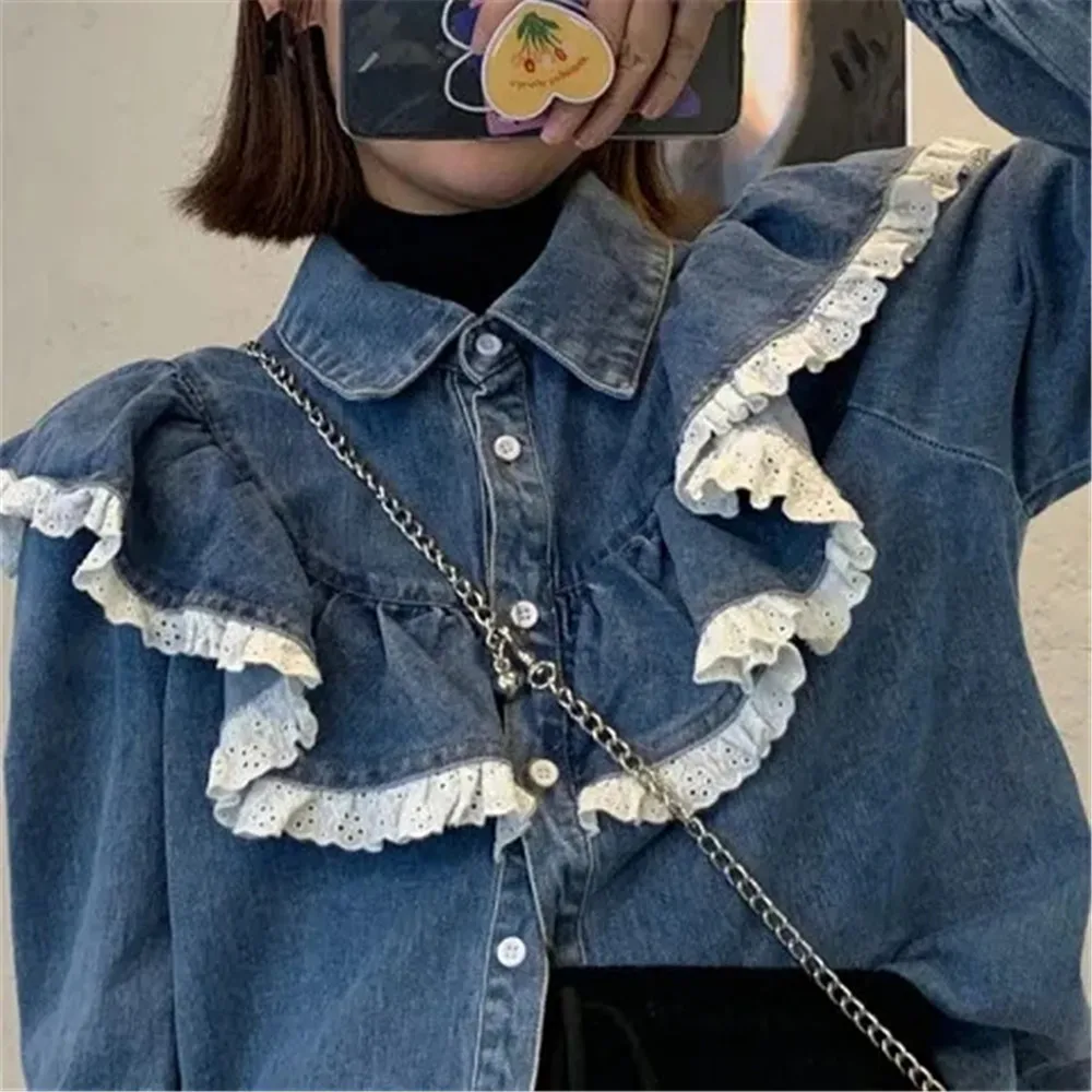 

Autumn Long Sleeve Lace Patchwork Ruffle Boluse Shirt Female Bule Denim Blouse Women Tops And Blouses Blusas Mujer De Moda 2022