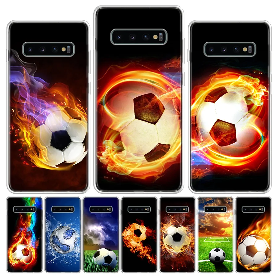 Fire Football Soccer Ball Phone Case For Samsung Galaxy S24 S22 Ultra S21 Plus Capa S20 S23 FE S10 S9 S8 Plus Cover Shell Clear