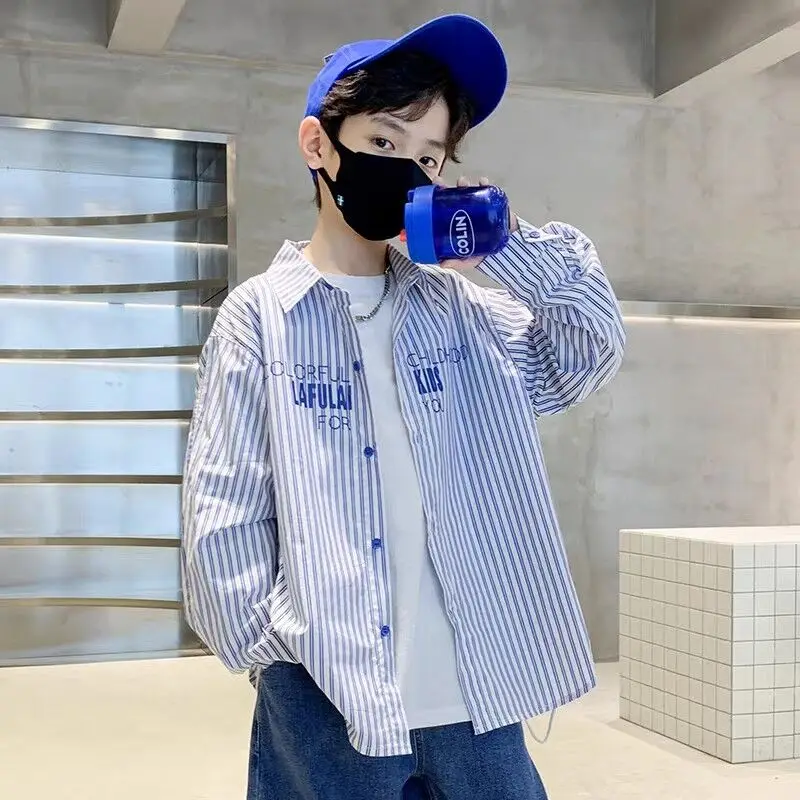 

Boys' Spring and Autumn Shirt 2025 New Product Casual Long Sleeve Thin Coat Children's Blue Striped Shirt