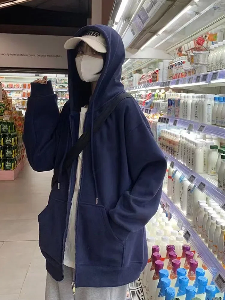 Sweat-shirt surdimensionné pour femmes, décontracté, coréen, manches longues, capuche, fermeture éclair, Y2k, Streetwear, Harajuku, vêtements féminins, noir, automne