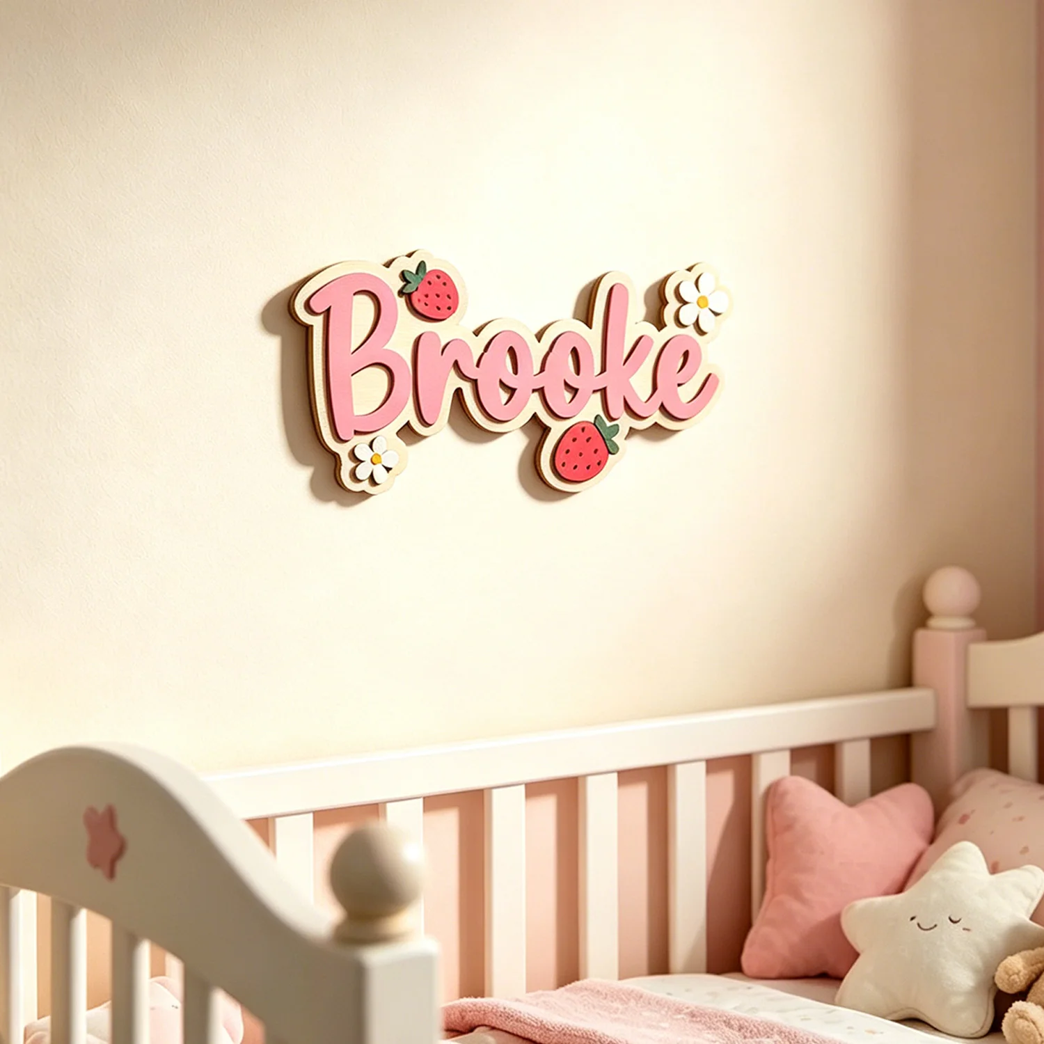 1pc Customizable Daisy Strawberry Name Logo,Custom Name, Children's Room Floral Decoration, Wall Art Decoration, Wooden Souvenir