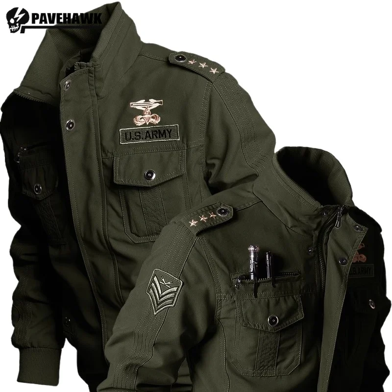 Standing Collar Tactical Jacket Mens Thickening Autumn Winter Multi Pocket Badge Embroidered Training Coats Casual Pilot Outwear