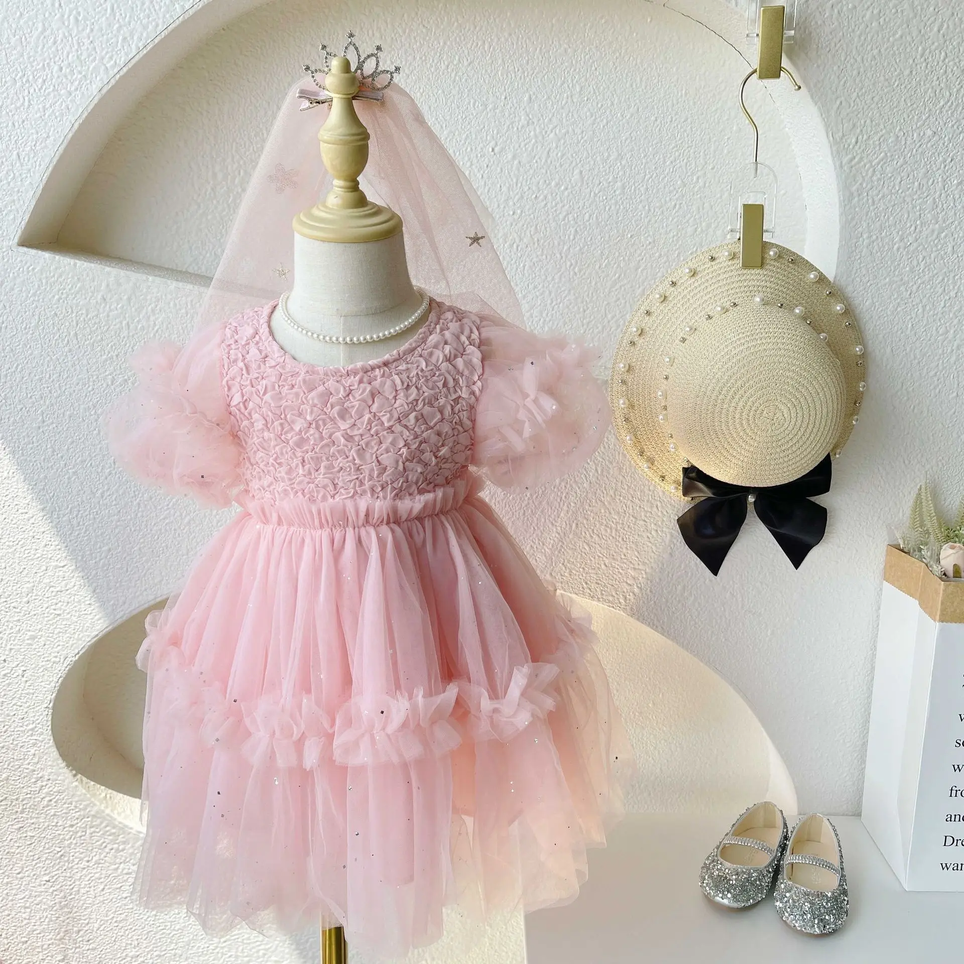 فساتين للفتيات الصغيرات صيفية بأكمام فقاعية شبكية فساتين أميرات للفتيات فساتين حفلات أعياد الميلاد اللطيفة