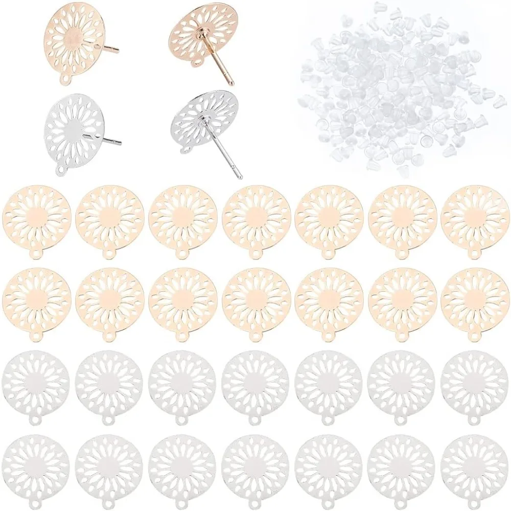 

32Pcs 2 Colors Daisy Earring Studs Filigree Flat Round Earring Posts Flower Earring Pad Base Hollow Brass Earrings