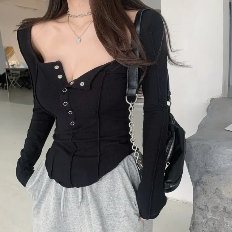 Women Sexy Square Neck T-shirt Autumn Chic Button Long Sleeve Slim Fit Crop Top Y2K Femme Slim Skinny Tshirt Women Basic Tops