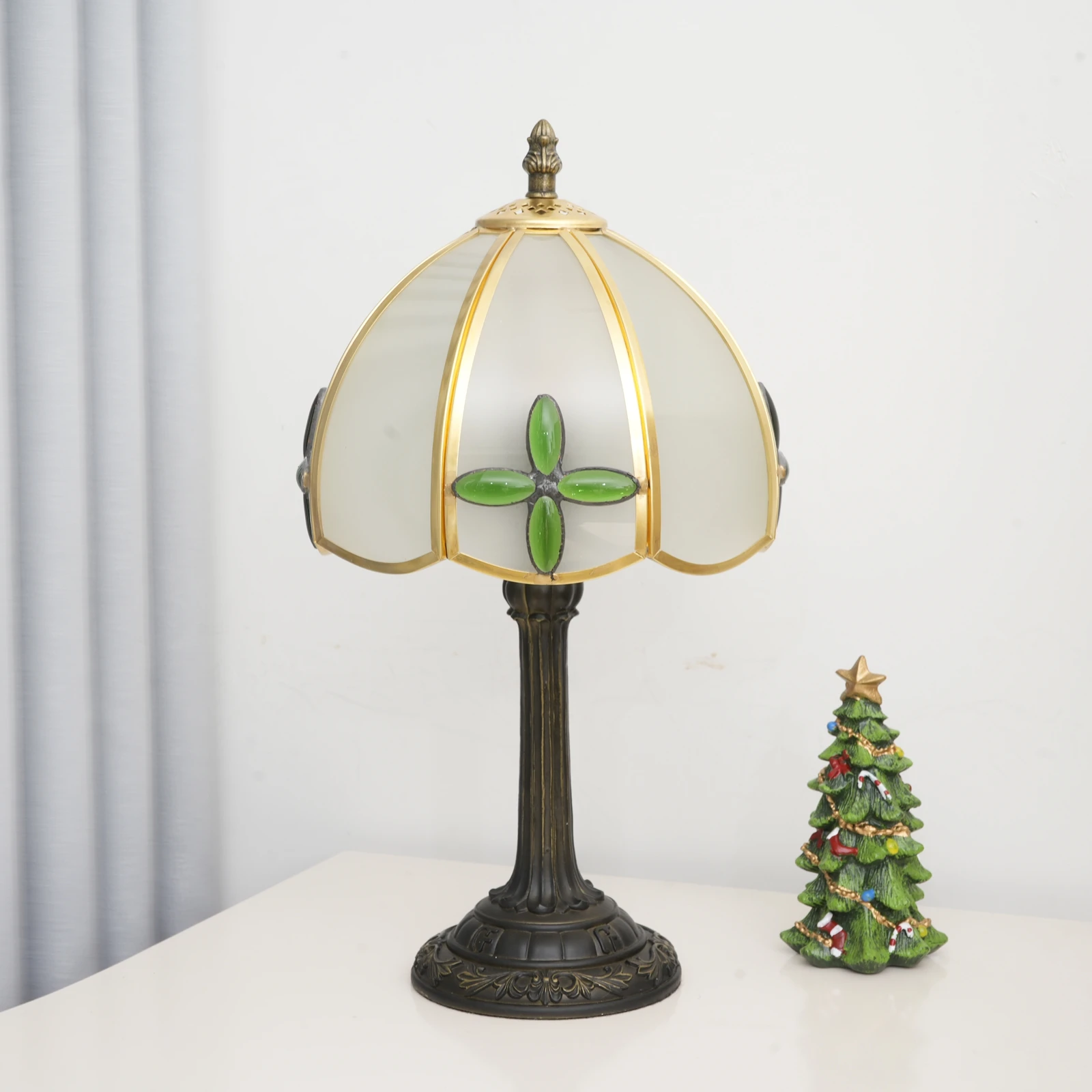 modern-glass-shade-lamp-with-bronzed-base-8-inch-home-decor-desk-lamp-with-four-leaf-clover-design-for-indoor-lighting