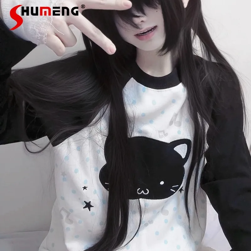 

Black Cartoon Polka Dot Long Sleeves Tees Japanese Subculture Versatile Polka Dot Blue Claw Direct Injection Black White T-Shirt