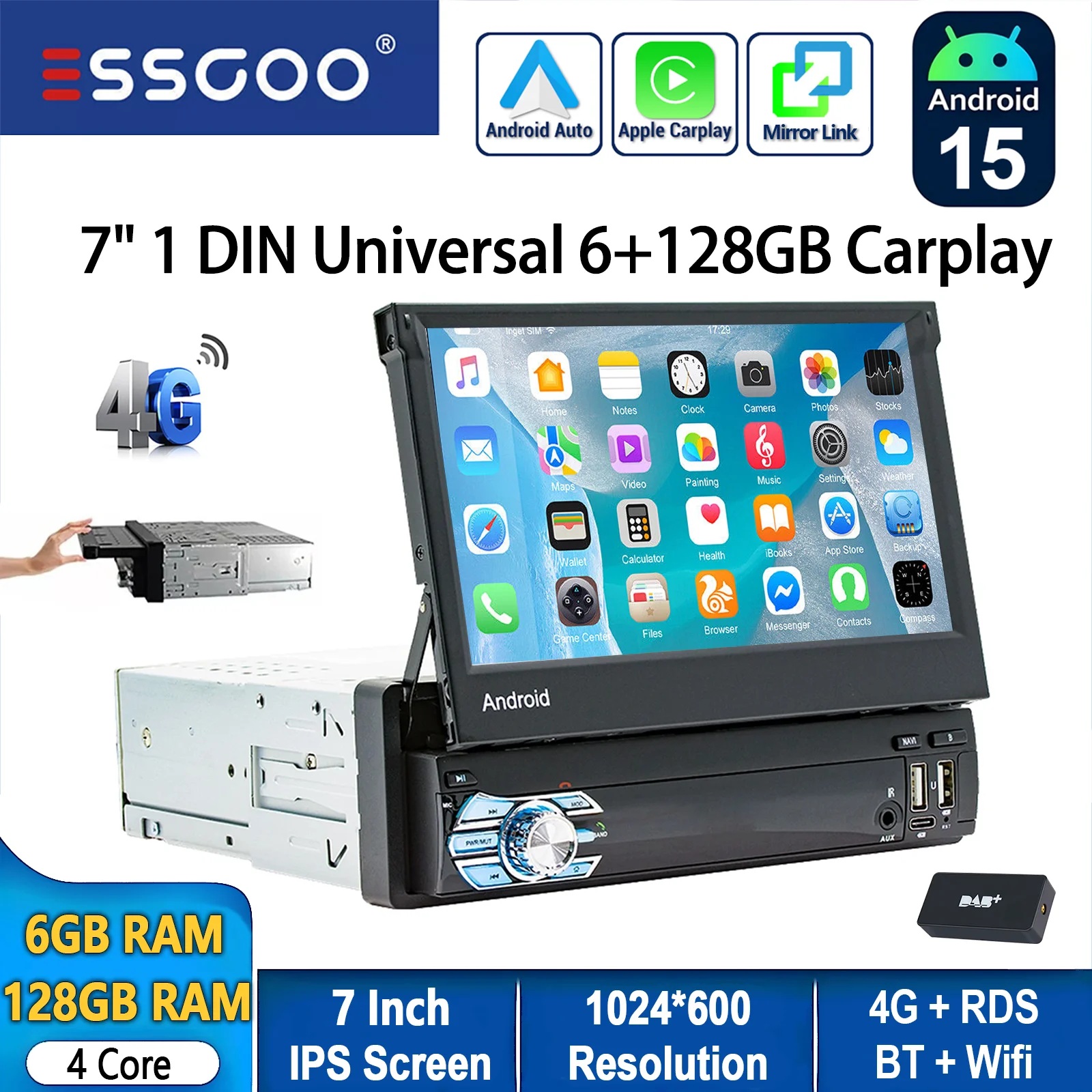 Autoradio ESSGOO Android 15 7 Inch 6+128G 1 DIN 8 Kern Uitklapbaar Touchscreen Draadloze CarPlay Android Auto GPS Navigatie WIFI RDS Bluetooth Stuurwielbediening 4G FM USB Type-C AUX