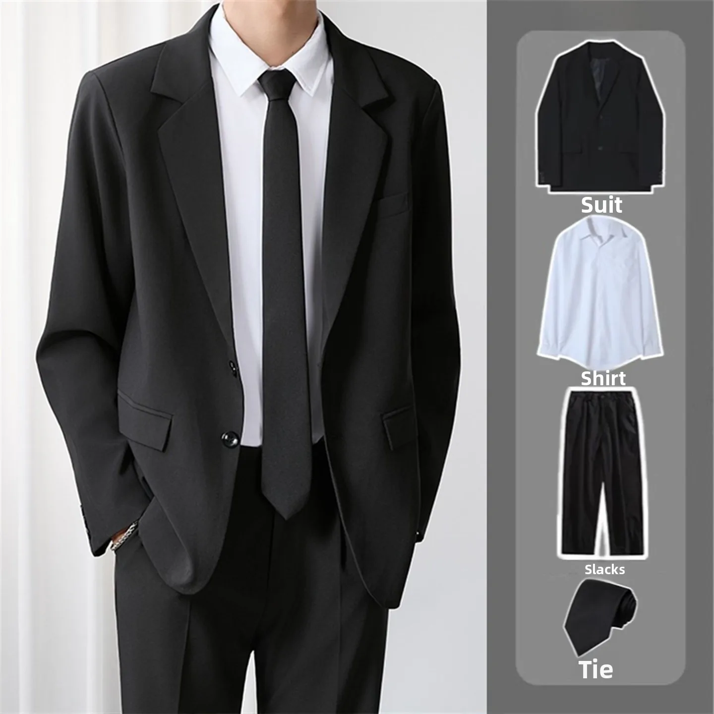 

Black Suit Set for Men Business Casual High-End Feeling Spring Autumn Wardrobe Essential Polyester Fiber Soft Fit for Daily Wear