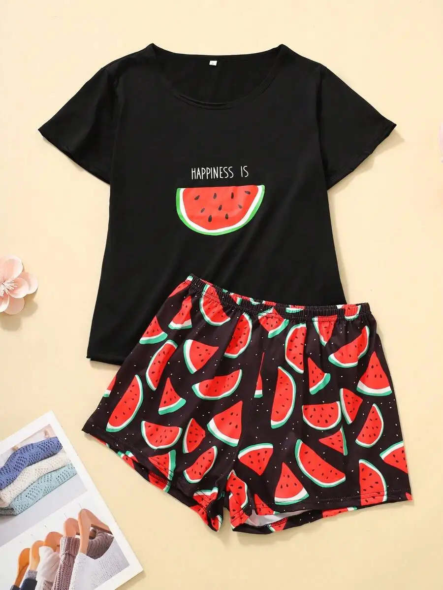 Womens 2-Piece Pajama Set Black Short Sleeve Top And Watermelon Print Shorts Sleepwear