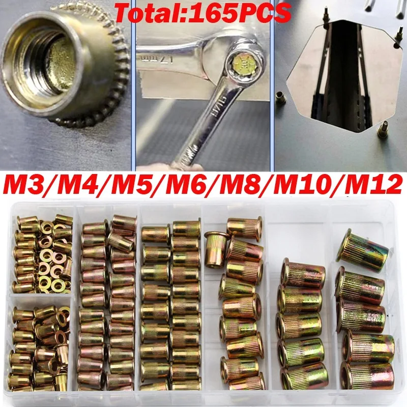 

165pcs Carbon Steel Rivet Nuts M3 M4 M5 M6 M8 M10 M12 Flat Countersunk Head Rivet Nuts Bind Insert Rivnuts Nutsert