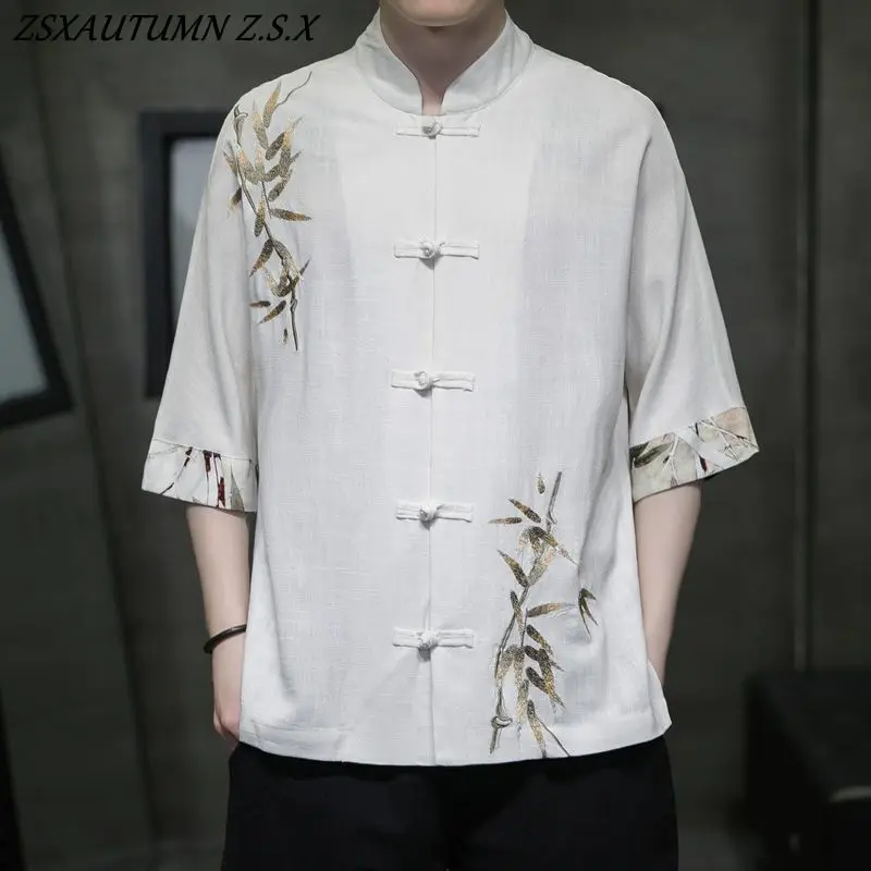 Tang Suit Men Chinese Style Summer Thin Cotton Linen Embroidery Shirt Trend Loose Hanfu Tops Large Size Shirt Vintage  Casual