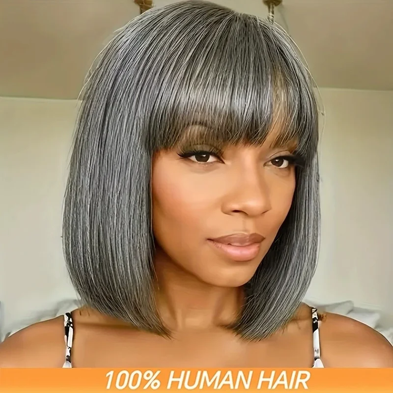 Salt and Pepper Short Bob Wigs Gray Wig with Bangs 100% Human Hair Full Machine