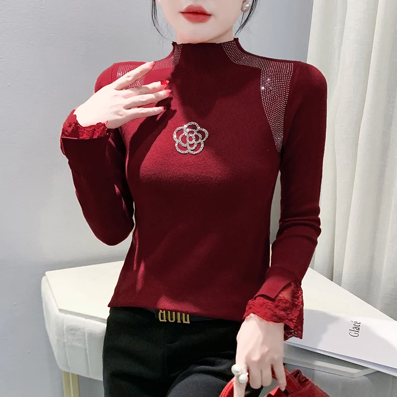 Korean Version Elegant Female Autumn Winter Woman Pullover Sweet T-shirt Turtleneck Flowers Diamond Set Lace Splicing
