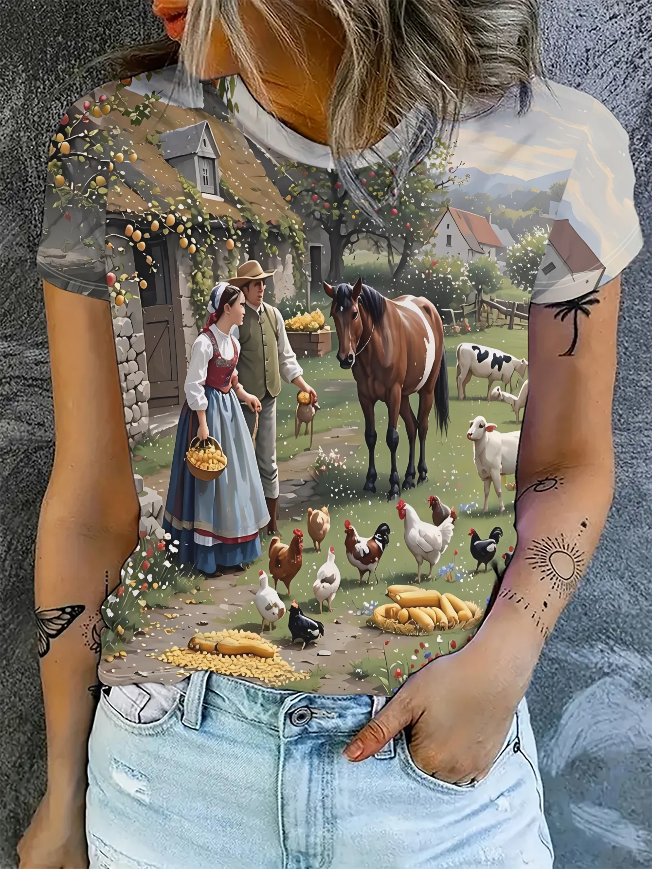 Women Short Sleeve T‑Shirt Vintage Farm Countryside Horse Chicken Cow Sheep Rural Scene Art Print Crew Neck Casual Tops