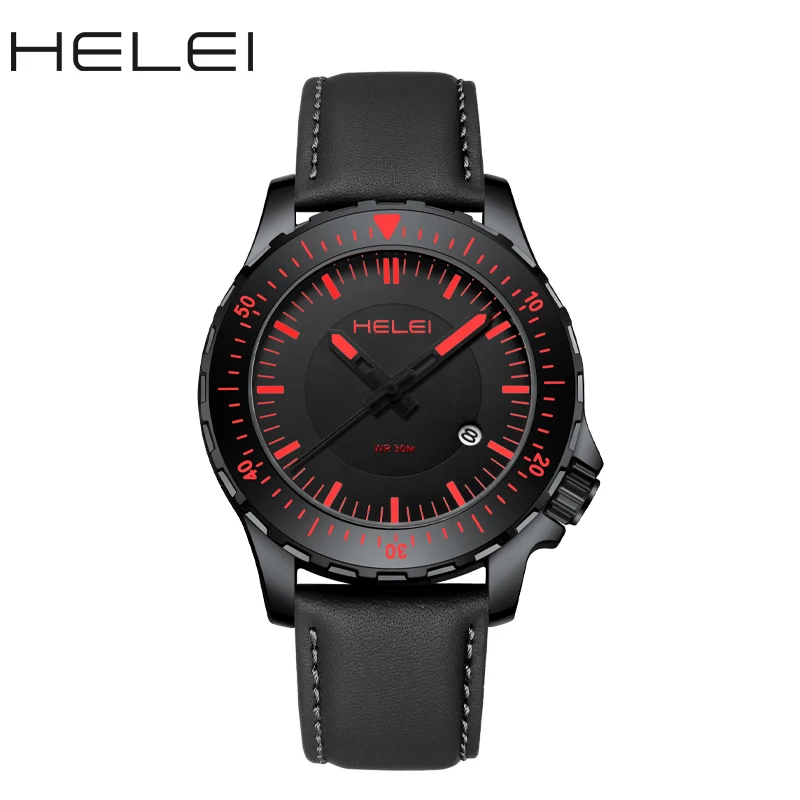 HELEI Fashion new sports casual quartz watch date genuine leather strap men\'s wristwatch