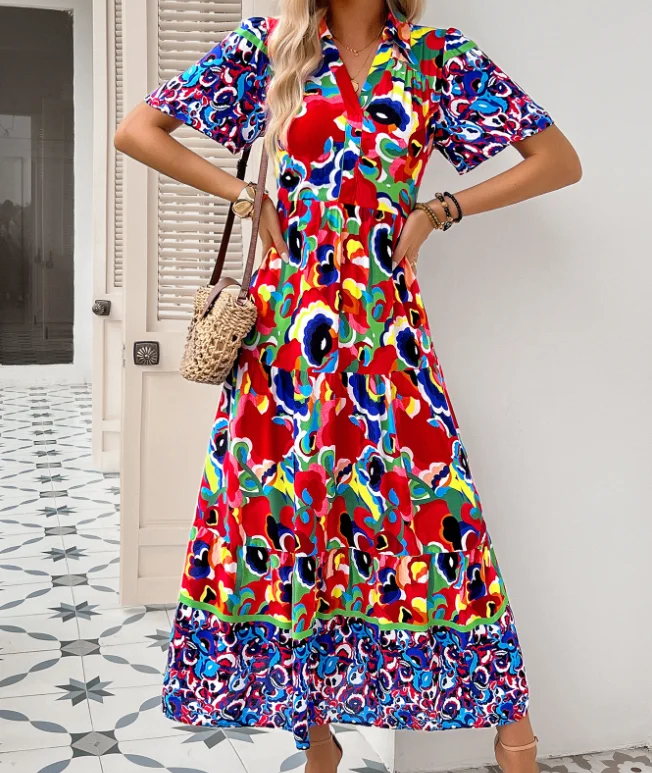 

Summer Women's Vacation Casual Style Geometric Print Dress with Lapel and Slim Fit A-Line High Waisted Short Sleeved Dress