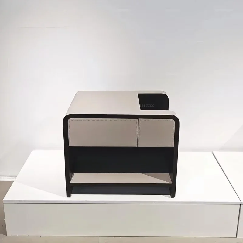 Modern luxury minimalist design leather surface solid wood bedside table with a drawer